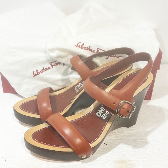 Salvatore Ferragamo Size 7C Brown Leather Wedge Strappy Sandal NEW